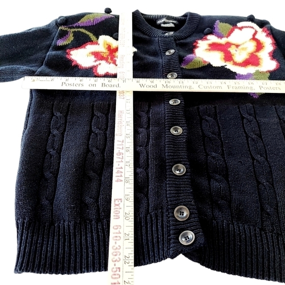 Vintage Cardigan Sweater Floral Bobbled Cable Knit Shoulder Pads Navy Cotton Y2K - Picture 8 of 16
